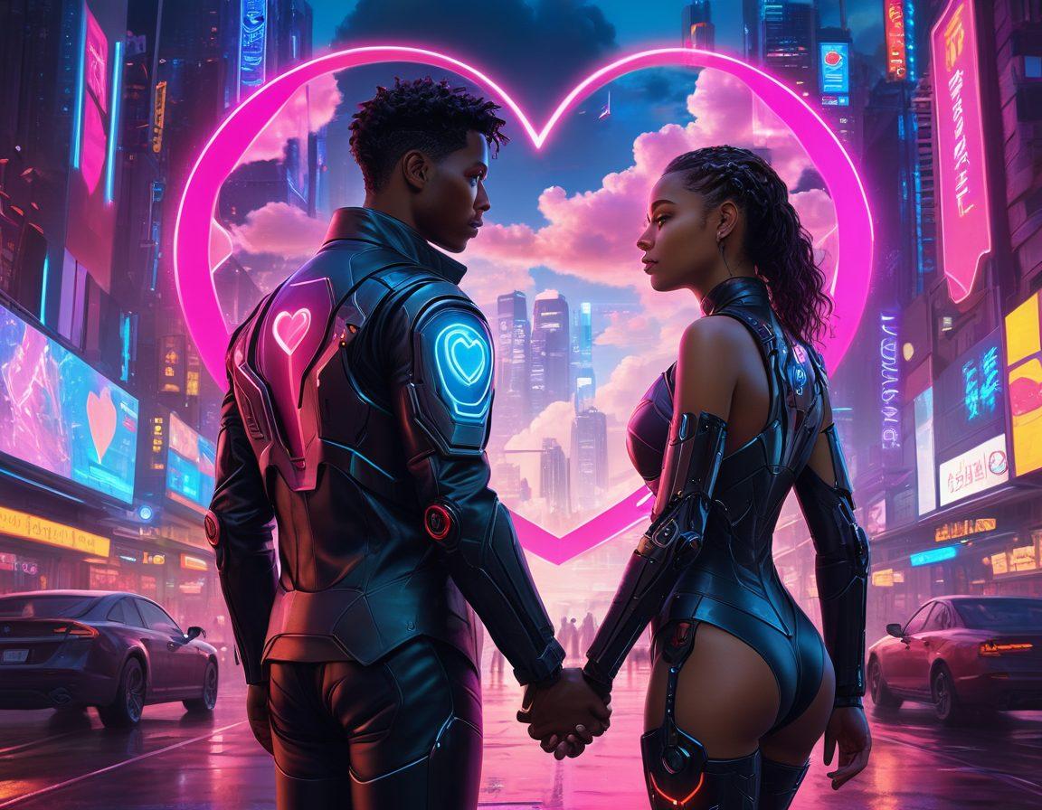 A futuristic couple holding hands in a vibrant cityscape filled with innovative technology, surrounded by holographic insurance symbols like hearts and shields, representing love and protection. In the background, abstract clouds with digital patterns hint at advancements in the insurance industry, while a glowing sign reads 'Future of Love'. super-realistic. vibrant colors. cyberpunk.
