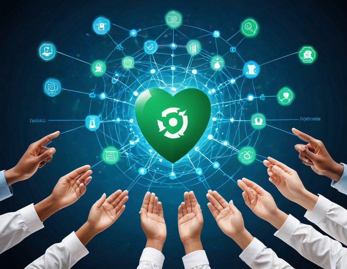 A modern digital interface displaying various e-insurance policies, with diverse hands shaking over a glowing network connection symbolizing partnerships. Include symbols of trust, like a shield and a heart, to represent lasting relationships. The background should be a blend of blue and green, symbolizing technology and security. Make it vibrant and engaging, reflecting a bright future for e-insurance. 3D illustration. vibrant colors.