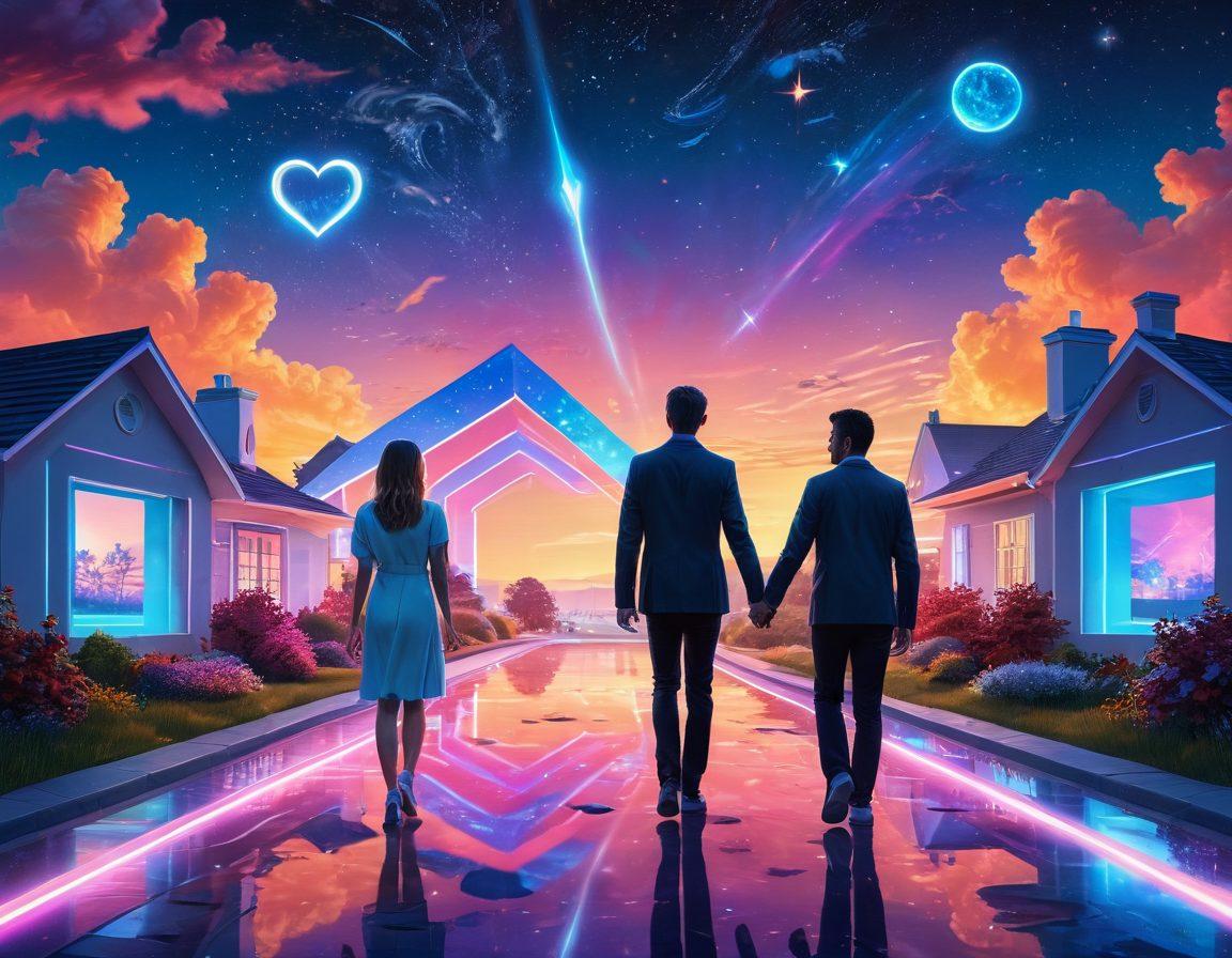 A romantic couple holding hands while standing on a futuristic path, surrounded by floating holograms symbolizing innovative insurance solutions like houses, cars, and health icons, with bright, vibrant colors representing hope and security. The background features a sunset that transitions into a starry sky, signifying the future of love and relationships. super-realistic. vibrant colors. digital art.